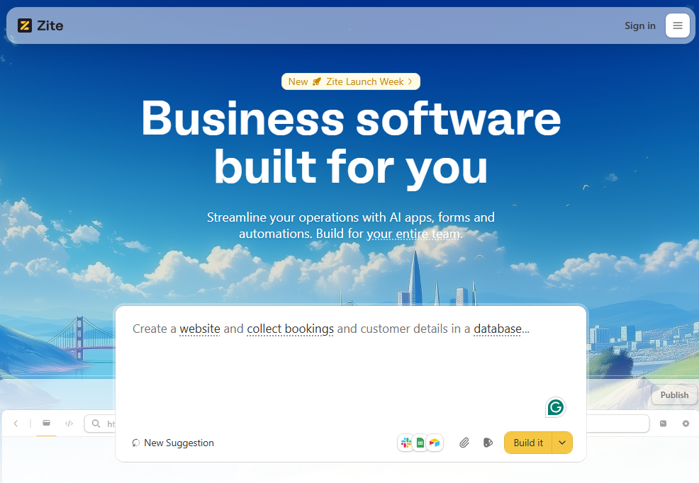 8 best AI-powered platforms for web and app development Zite dashboard interface, one of the leading AI-powered platforms for web and app development, featuring business app creation and workflow automation tools