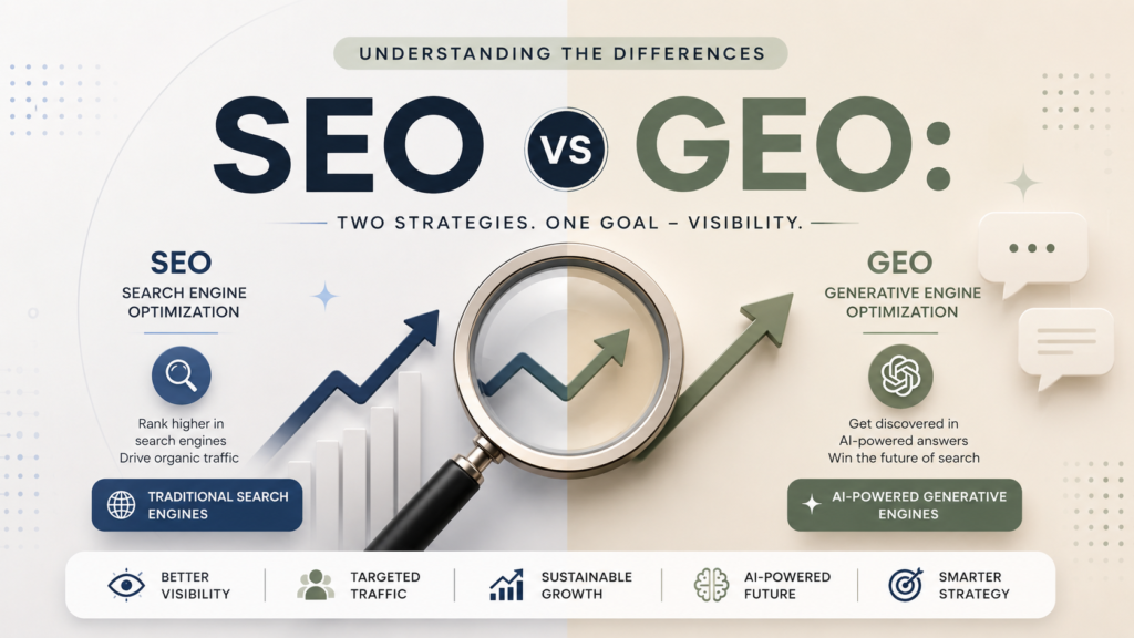 Generative Engine Optimization (GEO): The blueprint for dominating AI search visibility SEO vs GEO comparison infographic illustrating the differences between Search Engine Optimization and Generative Engine Optimization for AI-powered search and traditional search engines.